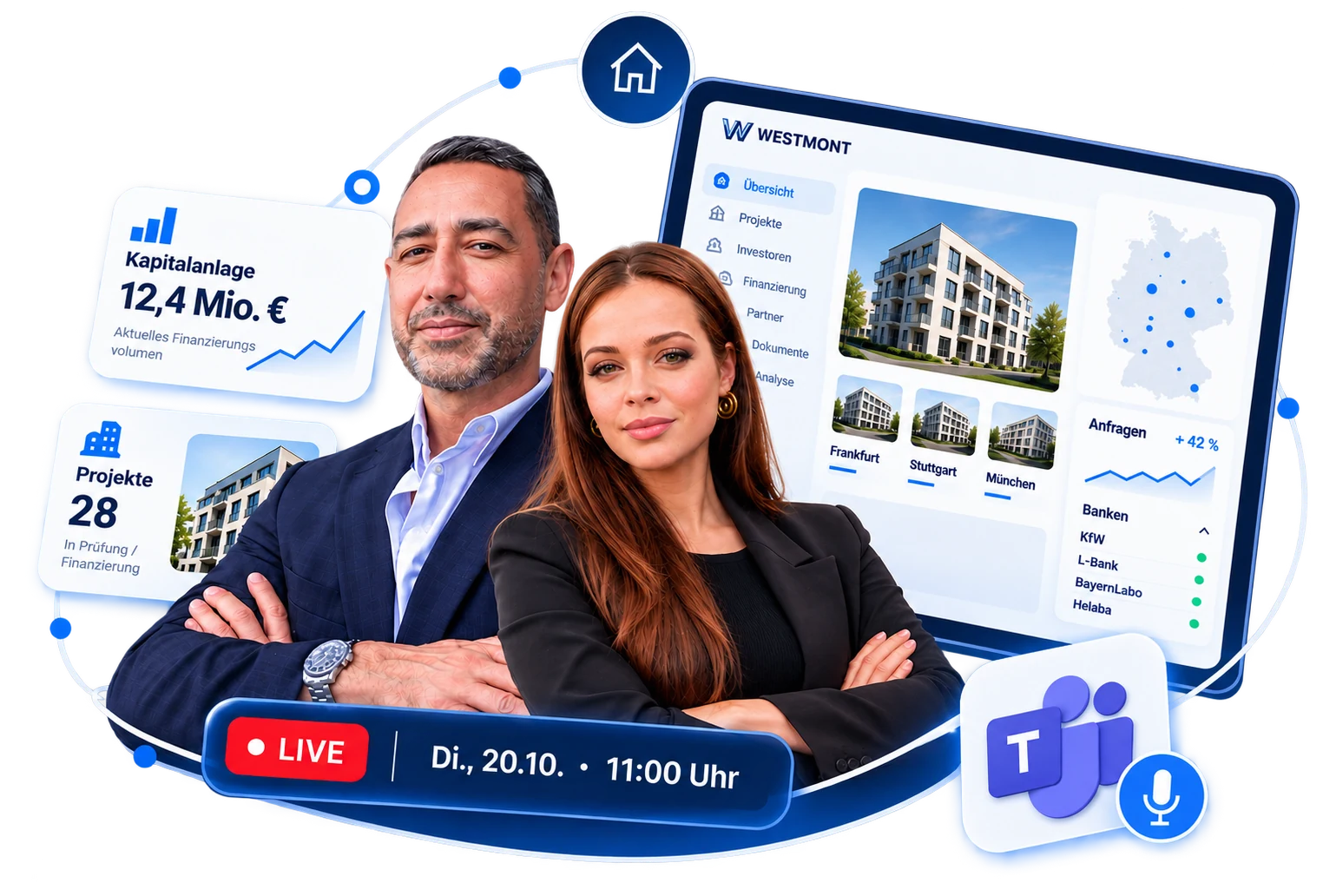 Daniel Badour und Florentine Sternad vor dem Westmont CRM, Live am Di., 20.10. um 11:00 Uhr in Microsoft Teams