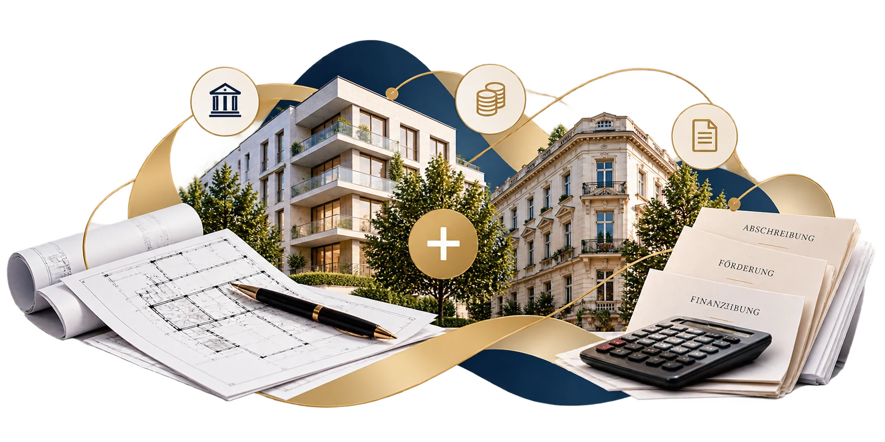 Kombinationskauf: Neubau und Altbau, verbunden mit Bank, Förderung und Abschreibung, dazu Finanzierung, Pläne und Rechner